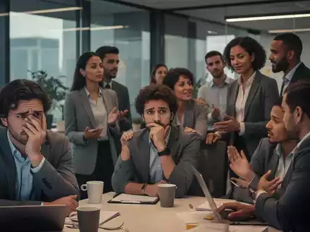 Eine Gruppe von Menschen in einem modernen Büro. Einige sehen gestresst aus, andere führen unterstützende Gespräche. - Foto: über boerse-global.de
