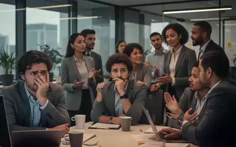 Eine Gruppe von Menschen in einem modernen Büro. Einige sehen gestresst aus, andere führen unterstützende Gespräche. - Foto: über boerse-global.de