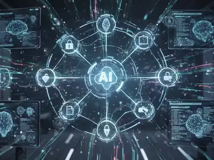 Leuchtende holografische Schnittstelle mit verbundenen Knoten und digitalen Datenströmen, die KI und Computersteuerung darstellt. - Foto: über boerse-global.de