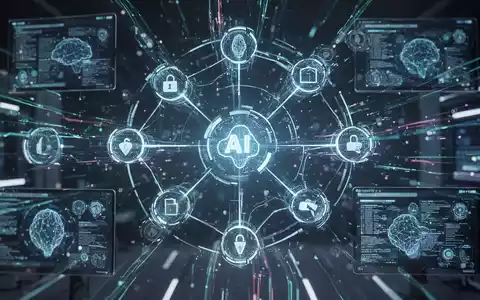 Leuchtende holografische Schnittstelle mit verbundenen Knoten und digitalen Datenströmen, die KI und Computersteuerung darstellt. - Foto: über boerse-global.de