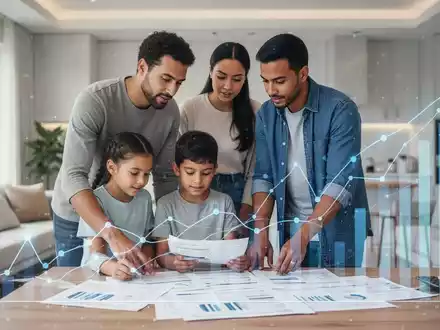 Eine Familie (Eltern und zwei Kinder) sitzt in einem hellen Wohnzimmer und bespricht Finanzdokumente, die auf einem Tisch liegen. - Foto: über boerse-global.de