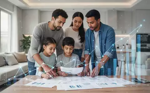 Eine Familie (Eltern und zwei Kinder) sitzt in einem hellen Wohnzimmer und bespricht Finanzdokumente, die auf einem Tisch liegen. - Foto: über boerse-global.de