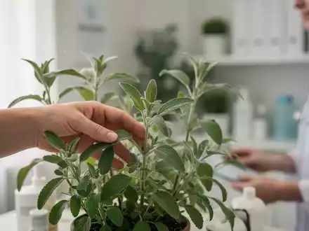 Eine Hand berührt sanft eine Pflanze mit medizinisch aussehenden Blättern in einem ruhigen, natürlich beleuchteten Raum. - Foto: über boerse-global.de