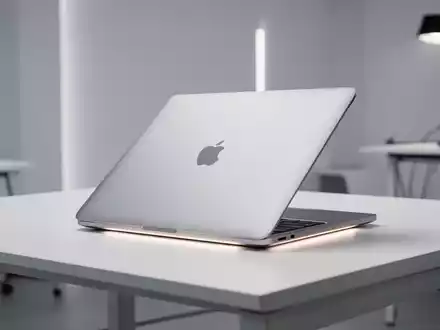 Schlankes, geschlossenes silbernes Laptop (MacBook Neo) auf weißem Schreibtisch in hellem Studio. - Foto: über boerse-global.de