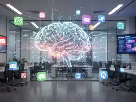 KI-Gehirn interagiert mit digitalem Kalender, umgeben von Produktivitäts-App-Icons. - Foto: über boerse-global.de