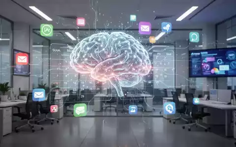 KI-Gehirn interagiert mit digitalem Kalender, umgeben von Produktivitäts-App-Icons. - Foto: über boerse-global.de