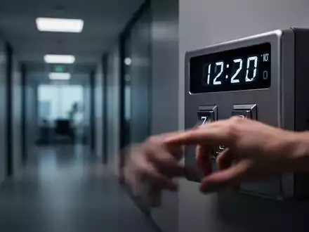 Eine Nahaufnahme einer modernen Stempeluhr mit einer Hand, die über dem Stempelknopf schwebt, im Hintergrund ein Bürogang. - Foto: über boerse-global.de