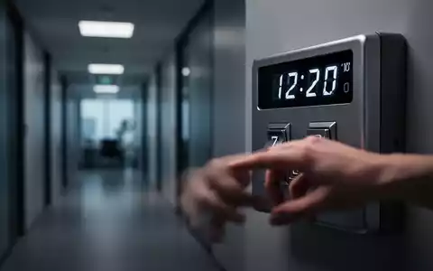 Eine Nahaufnahme einer modernen Stempeluhr mit einer Hand, die über dem Stempelknopf schwebt, im Hintergrund ein Bürogang. - Foto: über boerse-global.de