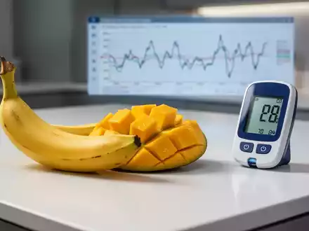 Eine reife Banane und eine geschnittene Mango liegen auf einer weißen Arbeitsplatte neben einem Blutzuckermessgerät. - Foto: über boerse-global.de