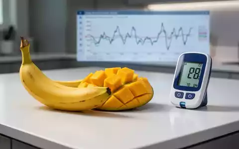 Eine reife Banane und eine geschnittene Mango liegen auf einer weißen Arbeitsplatte neben einem Blutzuckermessgerät. - Foto: über boerse-global.de