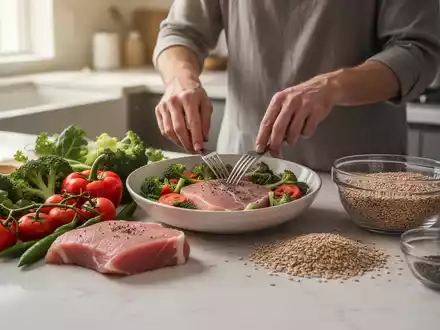 Hände bereiten eine gesunde Mahlzeit mit frischem Gemüse und Proteinen in einer modernen Küche zu, was einen bewussten Lebensstil symbolisiert. - Foto: über boerse-global.de