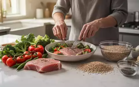 Hände bereiten eine gesunde Mahlzeit mit frischem Gemüse und Proteinen in einer modernen Küche zu, was einen bewussten Lebensstil symbolisiert. - Foto: über boerse-global.de