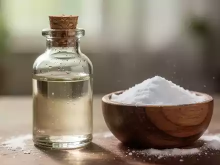Eine kleine Glasflasche mit Rizinusöl neben einer Holzschale mit Natron auf einem unscharfen Hintergrund. - Foto: über boerse-global.de