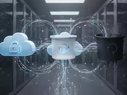 Digitale Darstellung von Cloud-Speicher-Buckets, bei der ein Datenstrom von einem legitimen zu einem schädlichen Bucket umgeleitet wird, was einen Hijacking-Angriff veranschaulicht. - Foto: über boerse-global.de