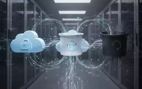 Digitale Darstellung von Cloud-Speicher-Buckets, bei der ein Datenstrom von einem legitimen zu einem schädlichen Bucket umgeleitet wird, was einen Hijacking-Angriff veranschaulicht. - Foto: über boerse-global.de