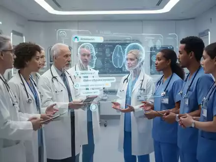 Ärzte und medizinisches Personal betrachten eine holografische Anzeige mit medizinischen Daten und einer KI-Chatbot-Schnittstelle in einem sauberen, futuristischen medizinischen Umfeld. - Foto: über boerse-global.de