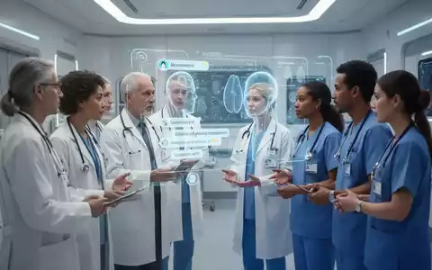Ärzte und medizinisches Personal betrachten eine holografische Anzeige mit medizinischen Daten und einer KI-Chatbot-Schnittstelle in einem sauberen, futuristischen medizinischen Umfeld. - Foto: über boerse-global.de
