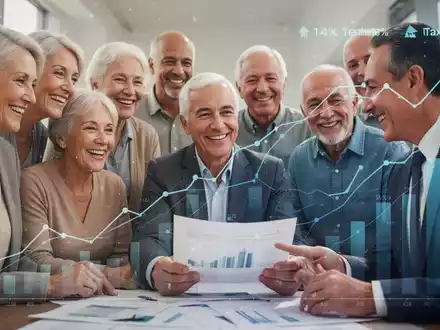 Eine Gruppe von Rentnern und Vorruheständlern lächelt, während ein Finanzberater ihnen Dokumente erklärt, um steuerliche Vorteile zu veranschaulichen. - Foto: über boerse-global.de