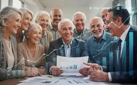 Eine Gruppe von Rentnern und Vorruheständlern lächelt, während ein Finanzberater ihnen Dokumente erklärt, um steuerliche Vorteile zu veranschaulichen. - Foto: über boerse-global.de