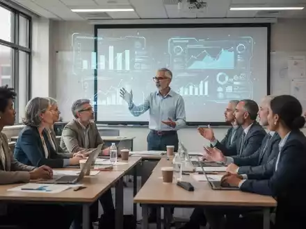 Erwachsene Pädagogen in einem modernen Klassenzimmer, die an einem Weiterbildungsseminar teilnehmen und Technologie nutzen. - Foto: über boerse-global.de
