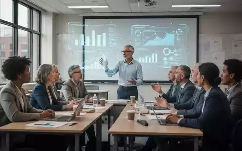 Erwachsene Pädagogen in einem modernen Klassenzimmer, die an einem Weiterbildungsseminar teilnehmen und Technologie nutzen. - Foto: über boerse-global.de