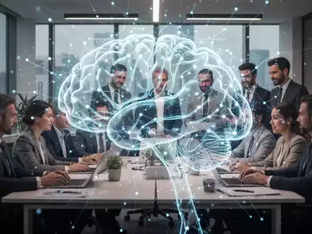 Eine futuristische Darstellung eines Gehirns mit leuchtenden Verbindungen, das über einer Gruppe von Menschen in einem Büro schwebt. - Foto: über boerse-global.de