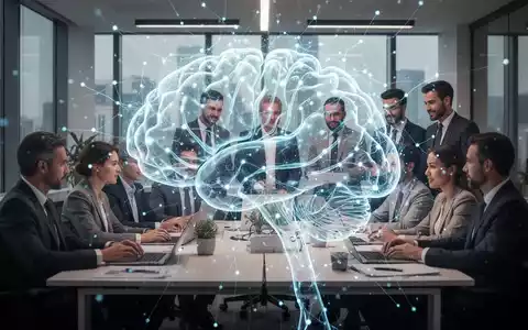 Eine futuristische Darstellung eines Gehirns mit leuchtenden Verbindungen, das über einer Gruppe von Menschen in einem Büro schwebt. - Foto: über boerse-global.de