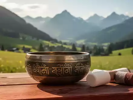 Eine Nahaufnahme einer goldenen Klangschale mit Klöppel auf Holz, im unscharfen Hintergrund eine idyllische alpine Berglandschaft. - Foto: über boerse-global.de