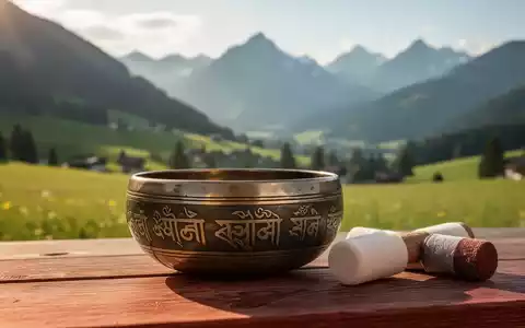 Eine Nahaufnahme einer goldenen Klangschale mit Klöppel auf Holz, im unscharfen Hintergrund eine idyllische alpine Berglandschaft. - Foto: über boerse-global.de