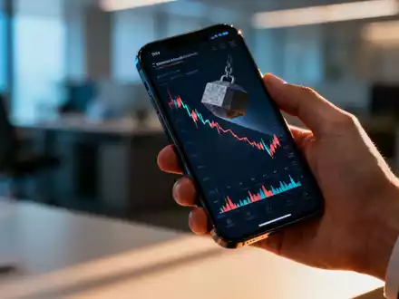 Eine Hand hält ein Smartphone mit einem fallenden Börsenchart. Im Hintergrund ein unscharfes Büroambiente. - Foto: über boerse-global.de