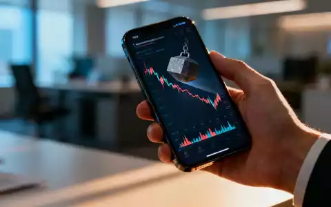 Eine Hand hält ein Smartphone mit einem fallenden Börsenchart. Im Hintergrund ein unscharfes Büroambiente. - Foto: über boerse-global.de