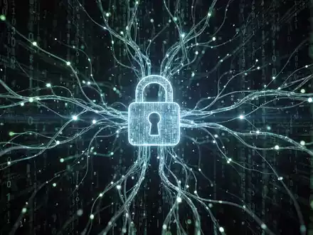 Abstrakte Darstellung von KI und Cybersicherheit: leuchtende neuronale Netze und Binärcode umgeben ein digitales Schlossymbol. - Foto: über boerse-global.de
