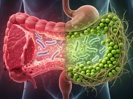Eine stilisierte Darstellung des menschlichen Darms, der den Einfluss von Rindfleisch und Erbsenprotein auf die Darmgesundheit zeigt. - Foto: über boerse-global.de