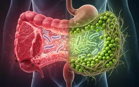 Eine stilisierte Darstellung des menschlichen Darms, der den Einfluss von Rindfleisch und Erbsenprotein auf die Darmgesundheit zeigt. - Foto: über boerse-global.de