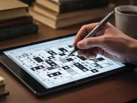 Eine Hand hält einen Stift über ein digitales Kreuzworträtsel auf einem Tablet, umgeben von verschwommenen Büchern und Kaffee. - Foto: über boerse-global.de