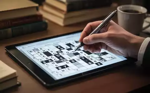 Eine Hand hält einen Stift über ein digitales Kreuzworträtsel auf einem Tablet, umgeben von verschwommenen Büchern und Kaffee. - Foto: über boerse-global.de