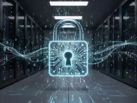 Leuchtendes digitales Schloss mit komplexen Schaltkreisen, umgeben von Binärcode, vor dunklem, futuristischem Serverraum-Hintergrund. - Foto: über boerse-global.de