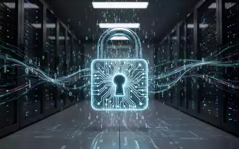 Leuchtendes digitales Schloss mit komplexen Schaltkreisen, umgeben von Binärcode, vor dunklem, futuristischem Serverraum-Hintergrund. - Foto: über boerse-global.de