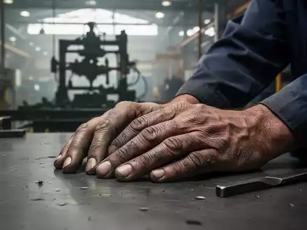 Nahaufnahme der Hände eines Fabrikarbeiters, die auf einer Werkbank ruhen, mit verschwommener Industrieanlage im Hintergrund. - Foto: über boerse-global.de