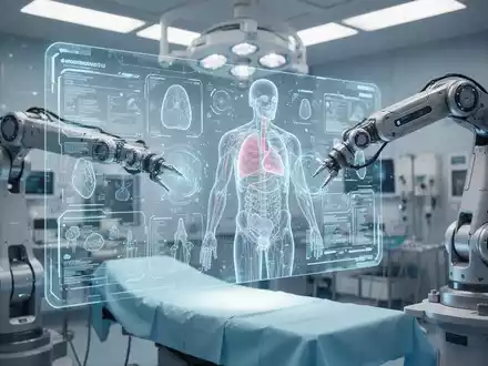 Ein Operationssaal der Zukunft mit einem schwebenden holografischen Bildschirm, der medizinische Daten und einen Roboterarm zeigt. - Foto: über boerse-global.de