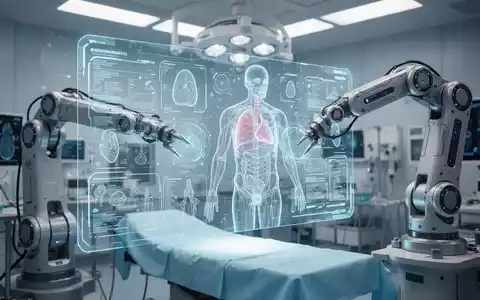 Ein Operationssaal der Zukunft mit einem schwebenden holografischen Bildschirm, der medizinische Daten und einen Roboterarm zeigt. - Foto: über boerse-global.de