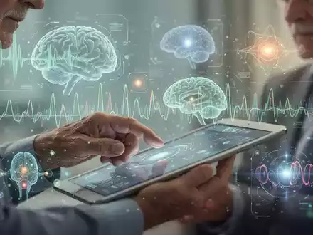 Eine ältere Person interagiert mit einer Tablet-App, umgeben von abstrakten Elementen, die Neuropsychologie und digitale Assistenzsysteme darstellen. - Foto: über boerse-global.de