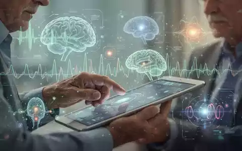 Eine ältere Person interagiert mit einer Tablet-App, umgeben von abstrakten Elementen, die Neuropsychologie und digitale Assistenzsysteme darstellen. - Foto: über boerse-global.de