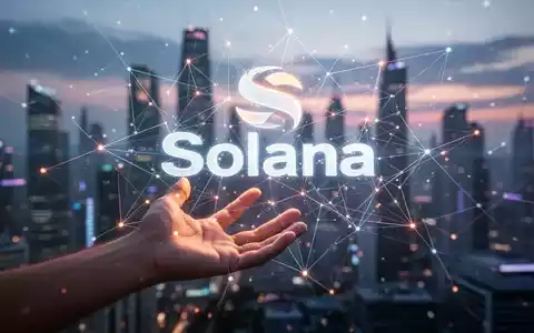 Eine Hand greift nach einem leuchtenden, vernetzten Solana-Logo vor einem verschwommenen, futuristischen Stadtbild bei Dämmerung. - Foto: über boerse-global.de