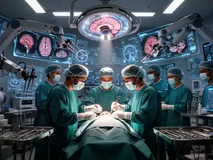 Ein hochmoderner Operationssaal mit Robotik und holografischen Displays, die Hirnscans anzeigen, während Chirurgen operieren. - Foto: über boerse-global.de