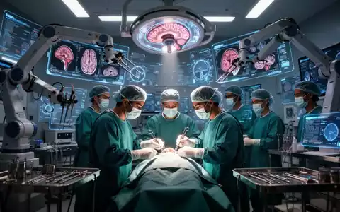 Ein hochmoderner Operationssaal mit Robotik und holografischen Displays, die Hirnscans anzeigen, während Chirurgen operieren. - Foto: über boerse-global.de