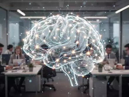 Leuchtendes, abstraktes neuronales Netzwerk, das KI und individuelle Produktivität symbolisiert, über einer verschwommenen Büroszene. - Foto: über boerse-global.de