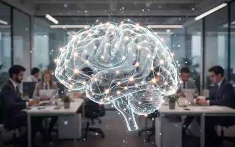 Leuchtendes, abstraktes neuronales Netzwerk, das KI und individuelle Produktivität symbolisiert, über einer verschwommenen Büroszene. - Foto: über boerse-global.de