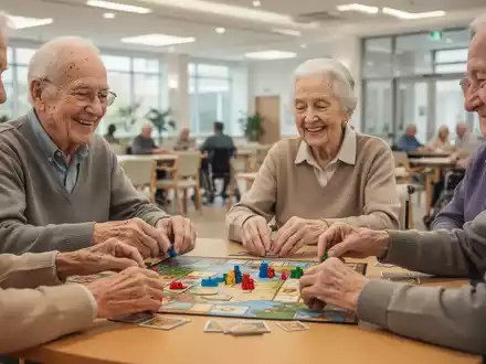 Senioren spielen ein Brettspiel an einem Tisch, ihre Hände bewegen Spielsteine. Fokus auf Gemeinschaft und kognitive Aktivität. - Foto: über boerse-global.de