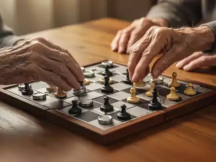 Ältere Hände spielen ein magnetisches Brettspiel, wie Dame oder Mühle, auf einem Holztisch, Fokus auf Hände und Spielsteine. - Foto: über boerse-global.de